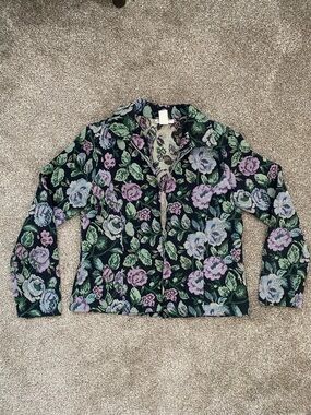 Floral Zip-Front Cardigan - Black with Lavender & Green Details